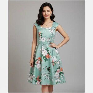 Feldie Floral Sweetheart Neck Cap Sleeve Floral Flare Dress Women's Small, NWT